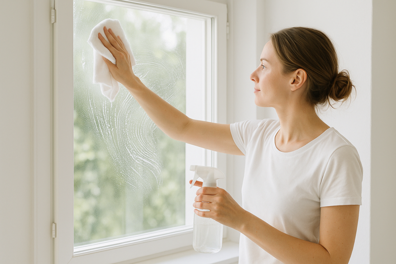 Sprayflaska med hemgjord fönsterputs och trasa mot ett soligt fönster