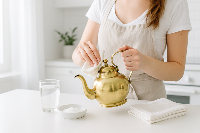 Hand som putsar en mässingskanna med mjuk mikrofibertrasa
