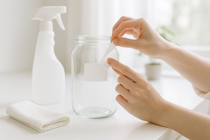 Hand som lyfter av ett klistermärke från en glasburk med en plastskrapa