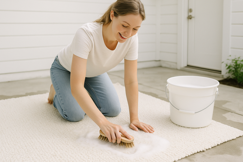 Person som tvättar en matta med mjuk borste och milt såpvatten