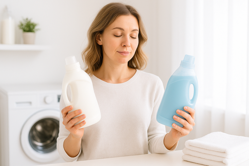 Flaska sköljmedel bredvid vikta handdukar och en tvättmaskin